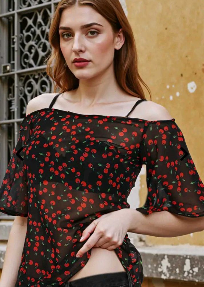 Cherry Print Off-Shoulder Top