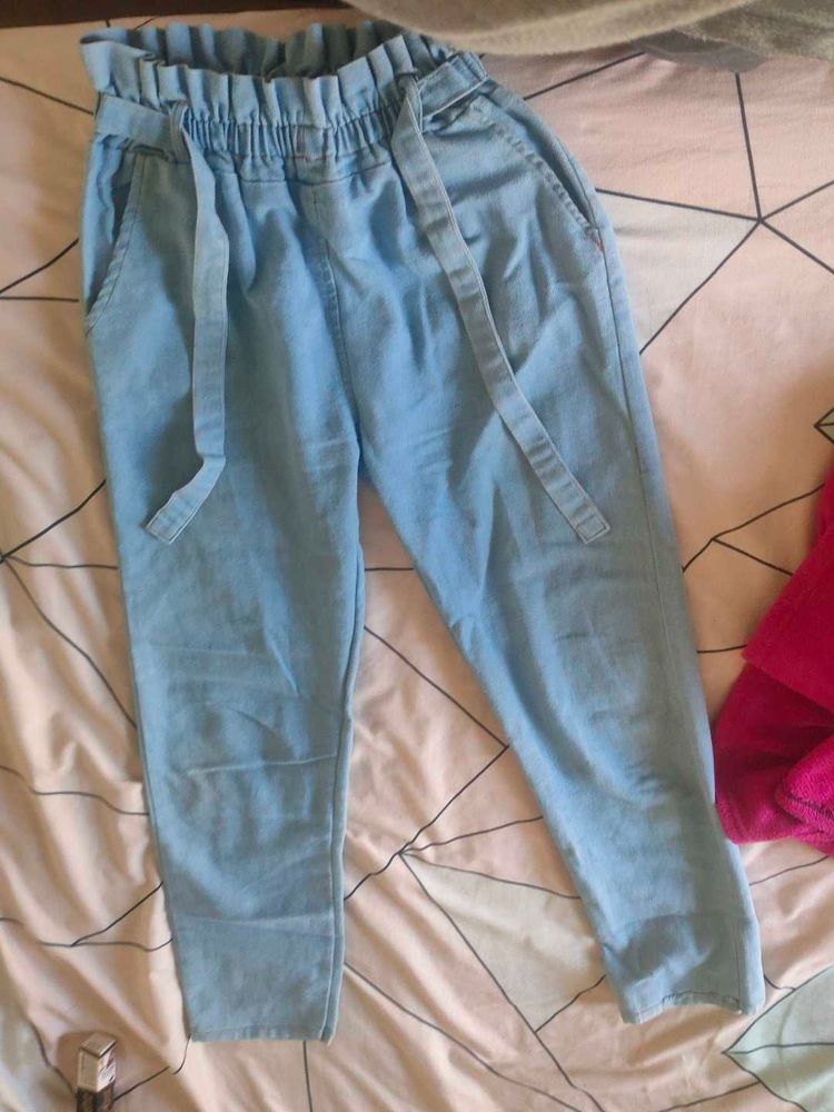 Light Blue High-Waisted Denim Paper Bag Pants