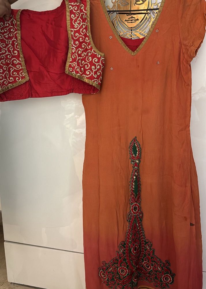 Orange Embellished Salwar Kameez with Vest