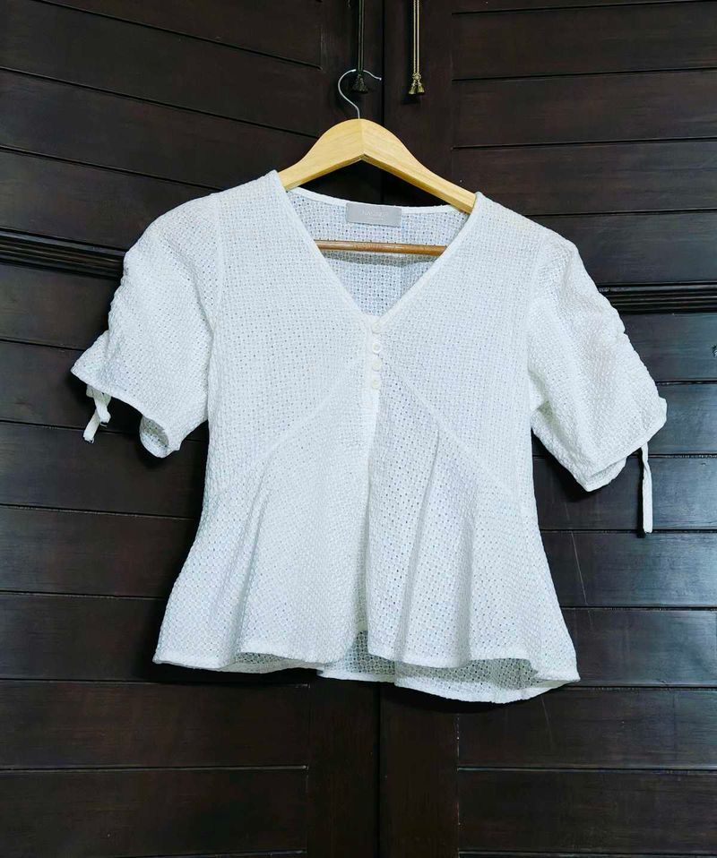 NANING9 Women White V-neck Cotton Peplum Top