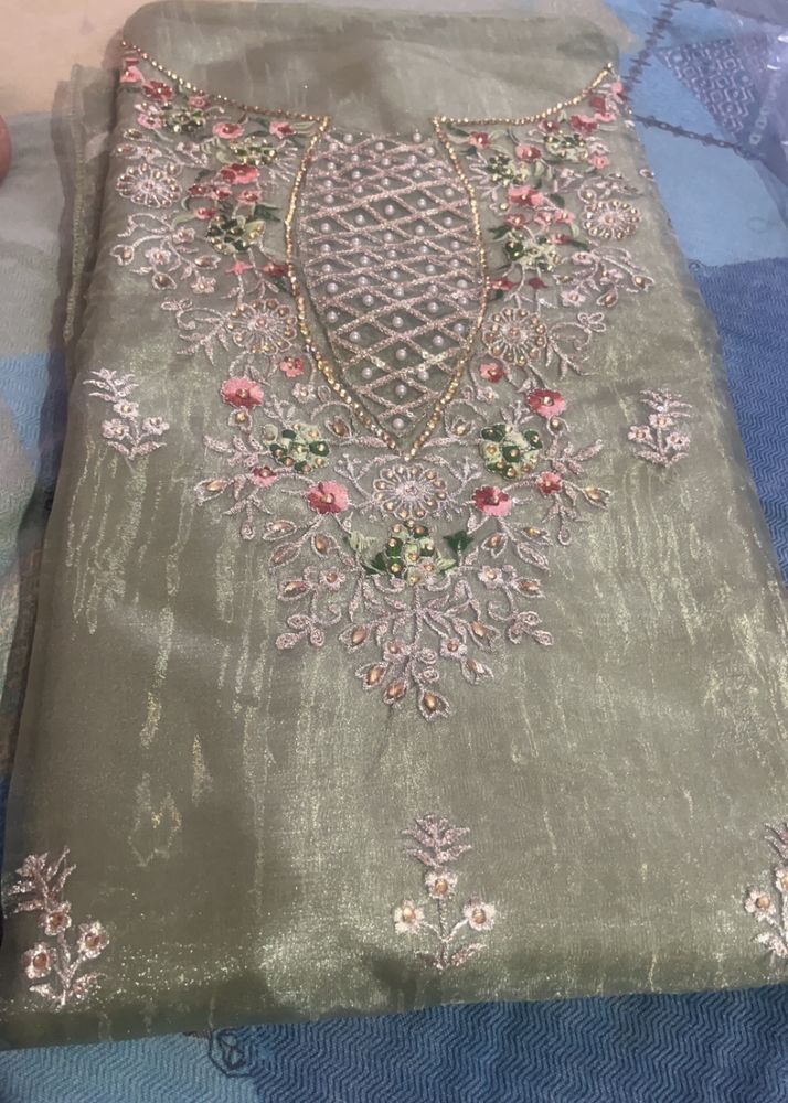 Beautiful Pakistani Organza Suit With Beautiful Embroidery Bottom Emboidry Patch Added Sleeve Look Beautiful Unstich Brand New Suit