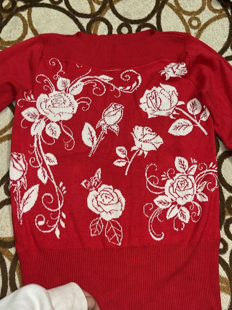Red Floral Print Pullover Sweater