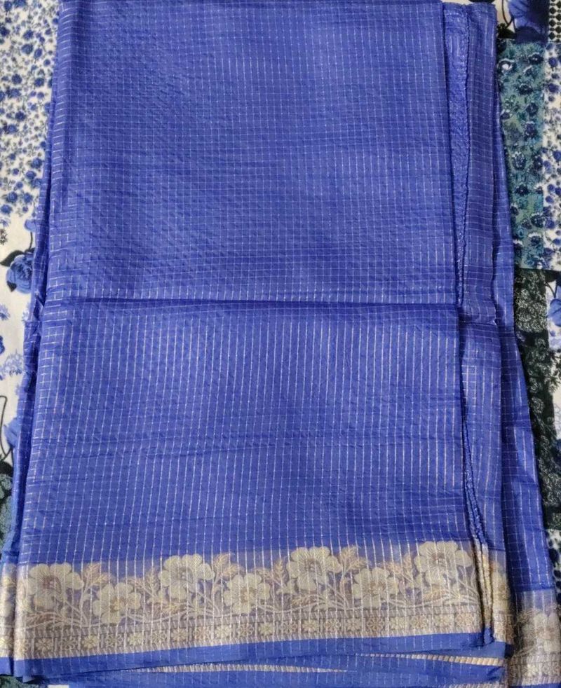 Blue Checked Silk Saree with Floral Border.