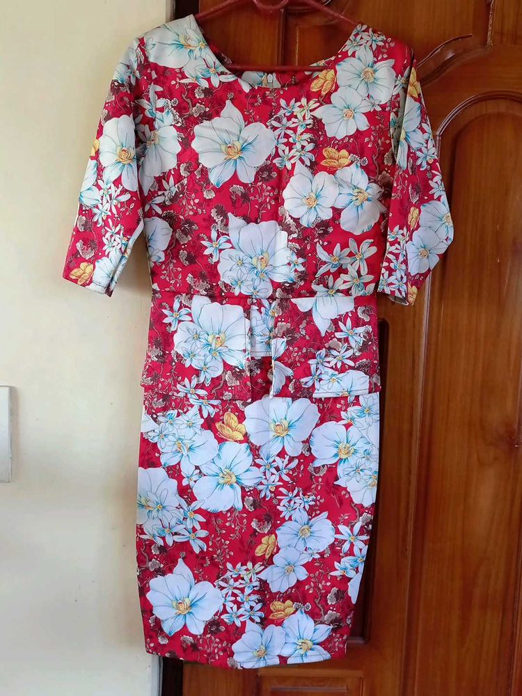 Red Floral Strechable Bodycon Dress