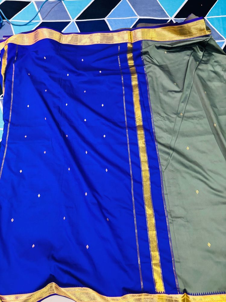 Royal Blue &amp; Olive Green Saree with Gold Detail