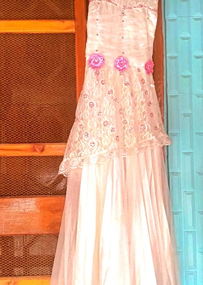 Floral White Embroidery Gown For Birthday Party