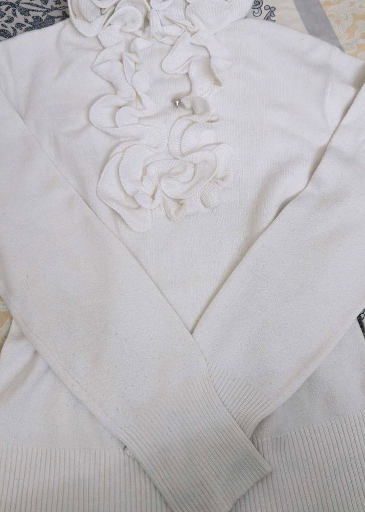 Elegant White Ruffled Sweater