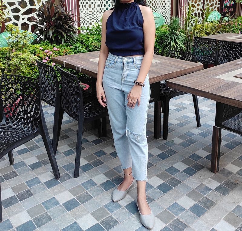 Navy Blue Backless Tie Knot Top Women