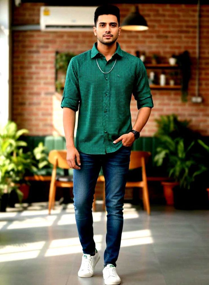Green Checked Formal Shirt- SOFT COTTON