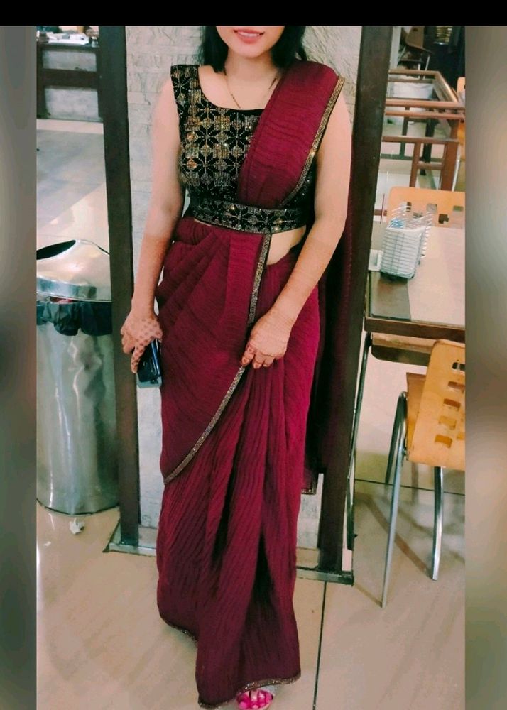 Stylish Saree With Stitched Blouse &amp; Belt