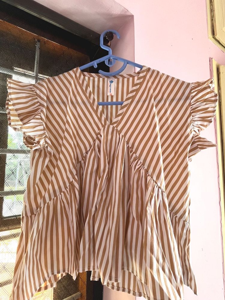 Chic Striped Ruffle Sleeve V-Neck Tunic