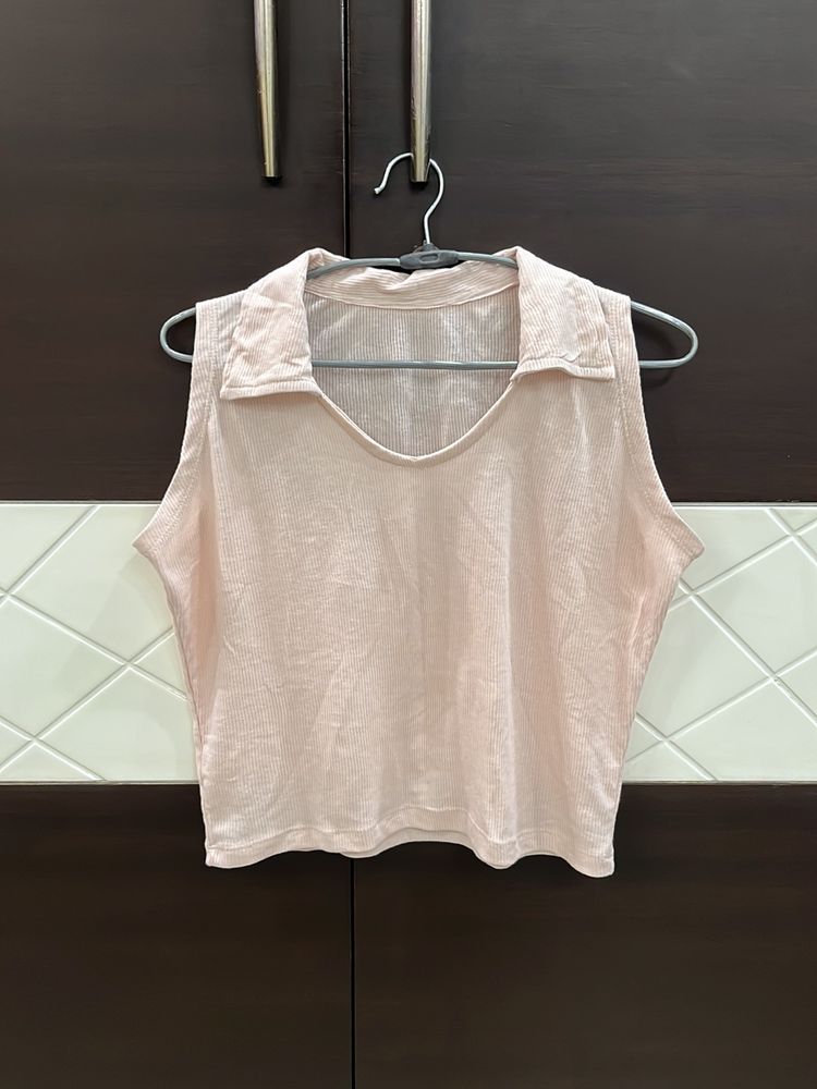 Baby Pink Cut Sleeves Collared Ripped Crop Top