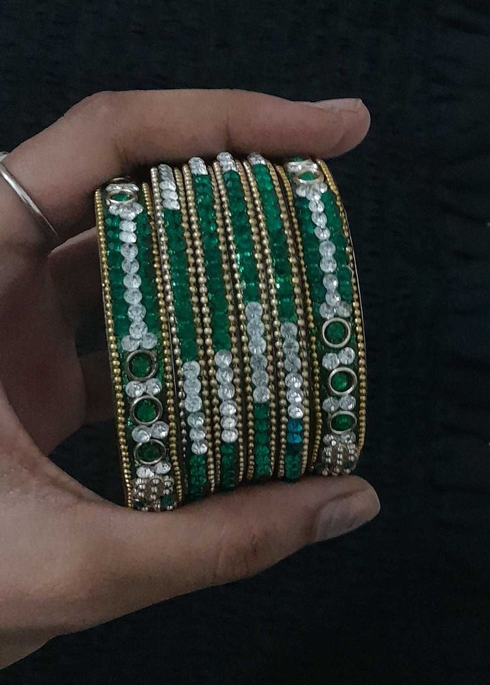 Bangles with Green And White Stones