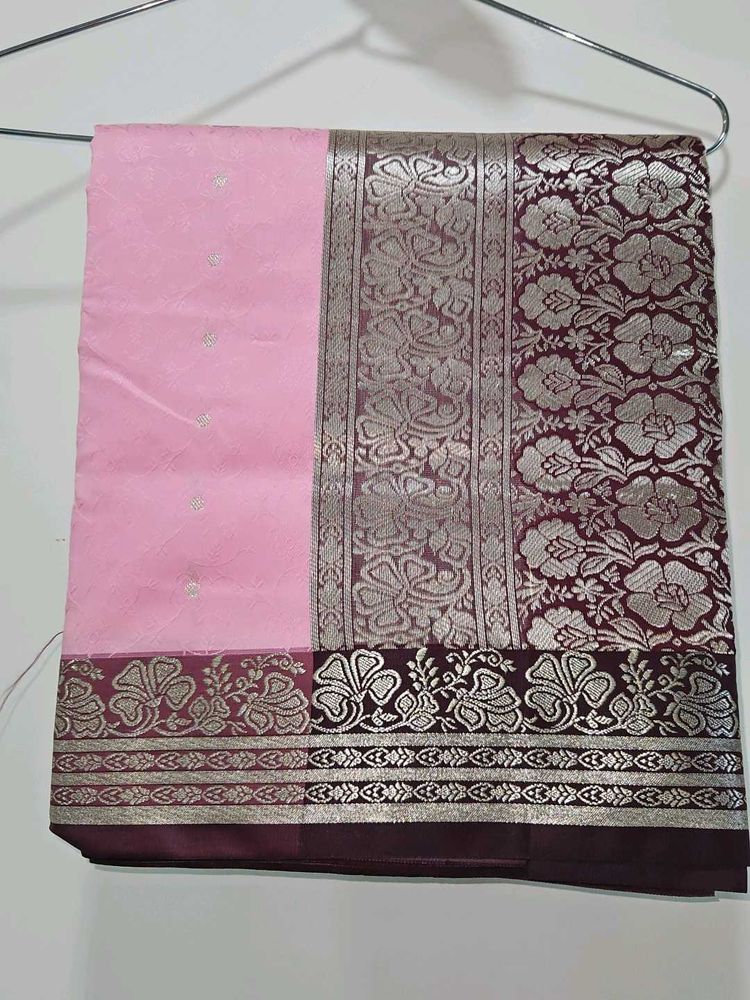 Pink &amp; Silver Banarasi Silk Saree