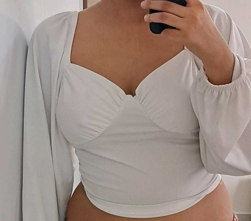 White Sweetheart Balloon Sleeve Crop Top