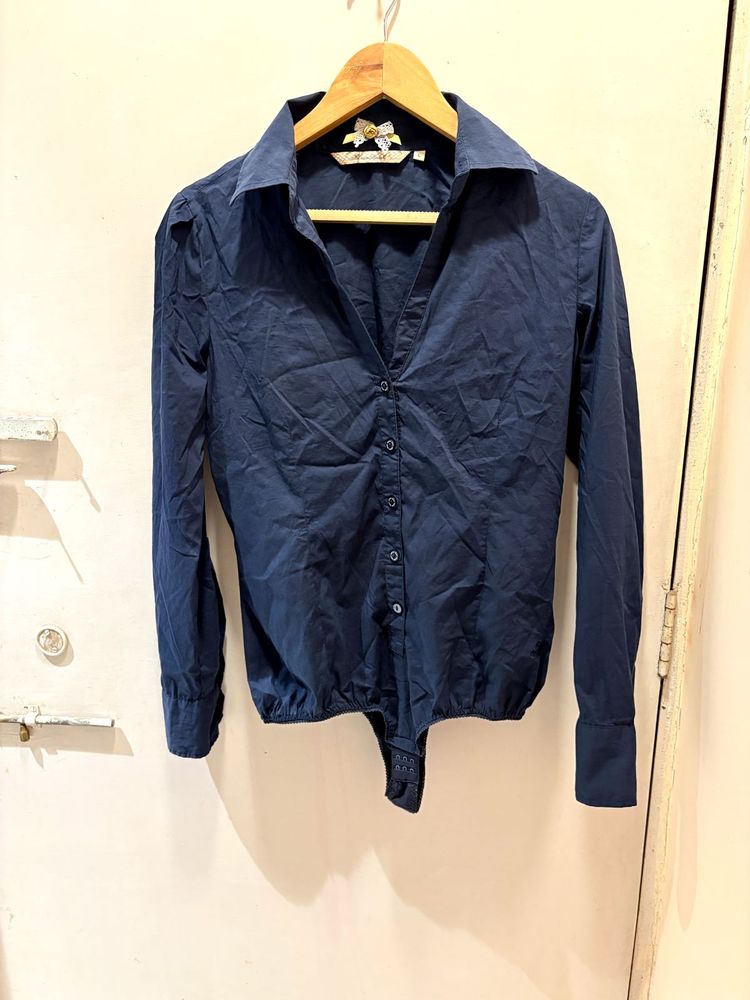 Navy Blue Button-Up Bodysuit