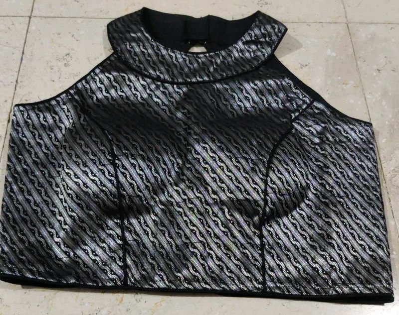 Black and silver brocade halter neck blouse