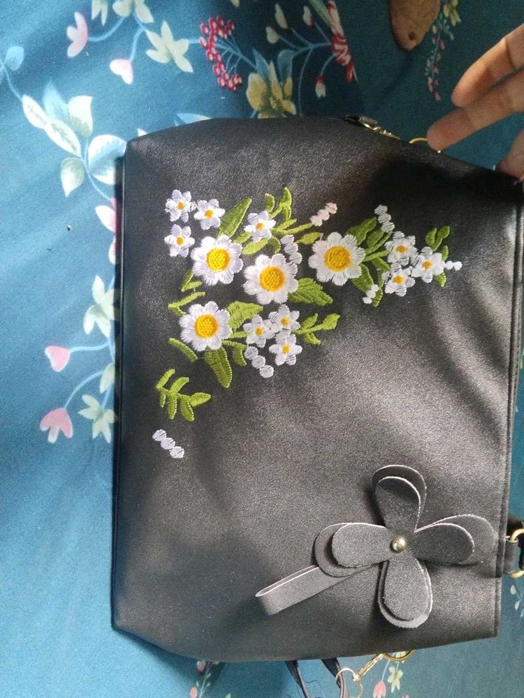 Floral Embroidered Black Bag