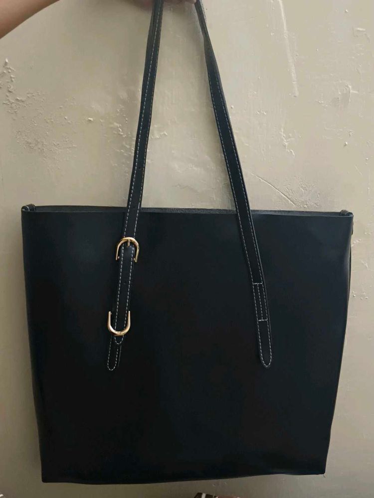 Black Vegan Leather Large Tote Bag with inner Pouc