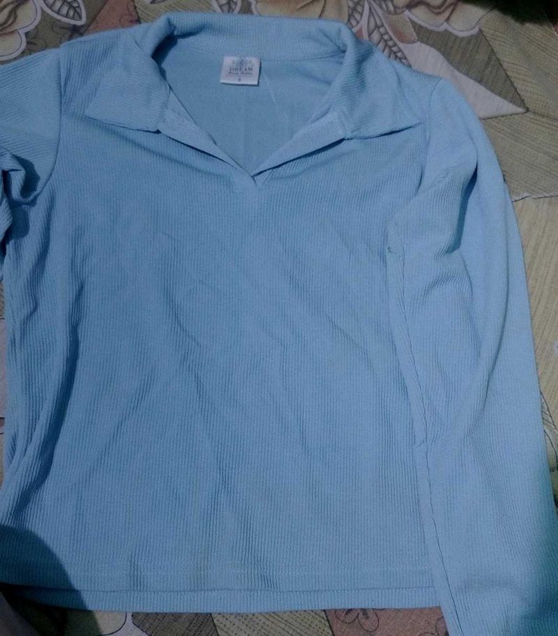 Blue Ribbed Long Sleeve Top
