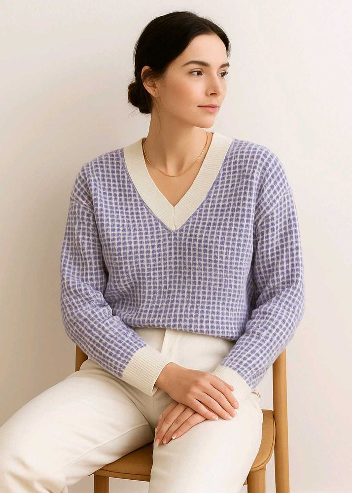 Stylish Purple Checked V-Neck Sweater