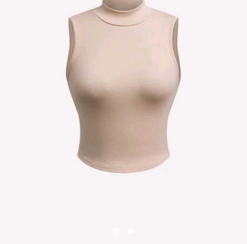 Beige Sleeveless Mock Neck Top