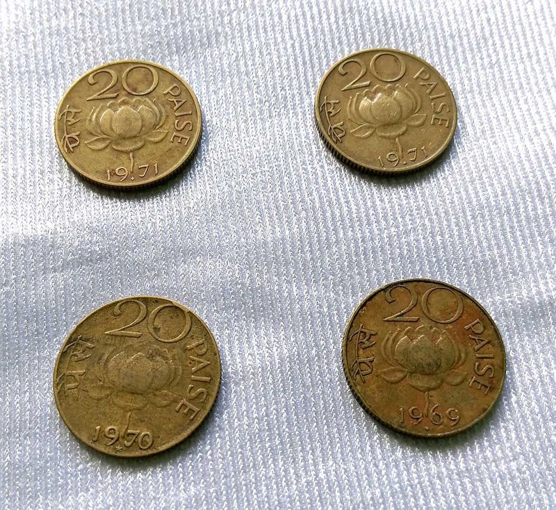 Old 20 paisa Coins 1969, 1970, and 1971 pack of 4