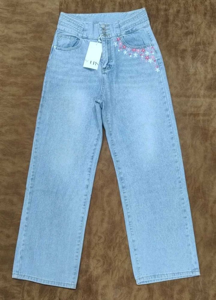 Floral Embroidered Wide Leg Jeans