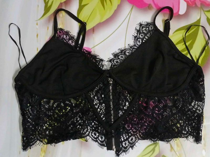 (1106)Black Lace Bralette with Zipper