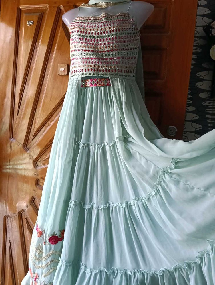 Elegant Bottle  Green Embroidered Dress