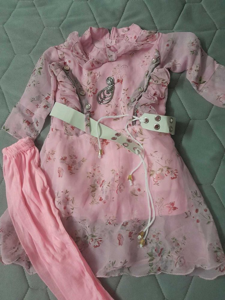 Baby Girl Frock With Belt &amp; Leggings