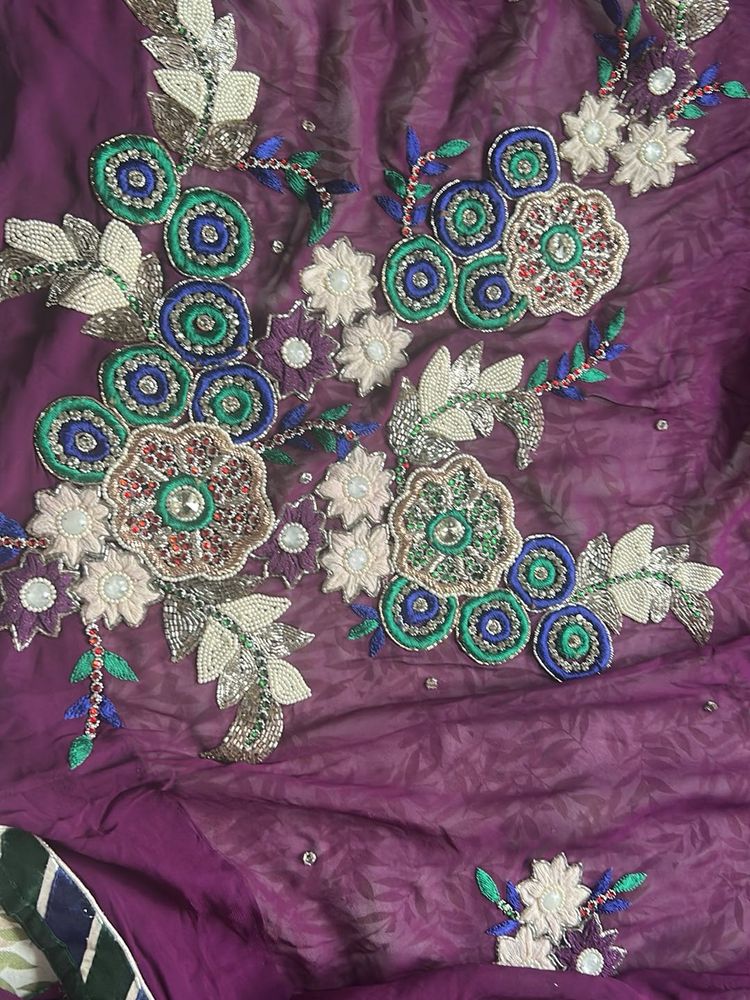 Embroidered Purple Georgette Sari