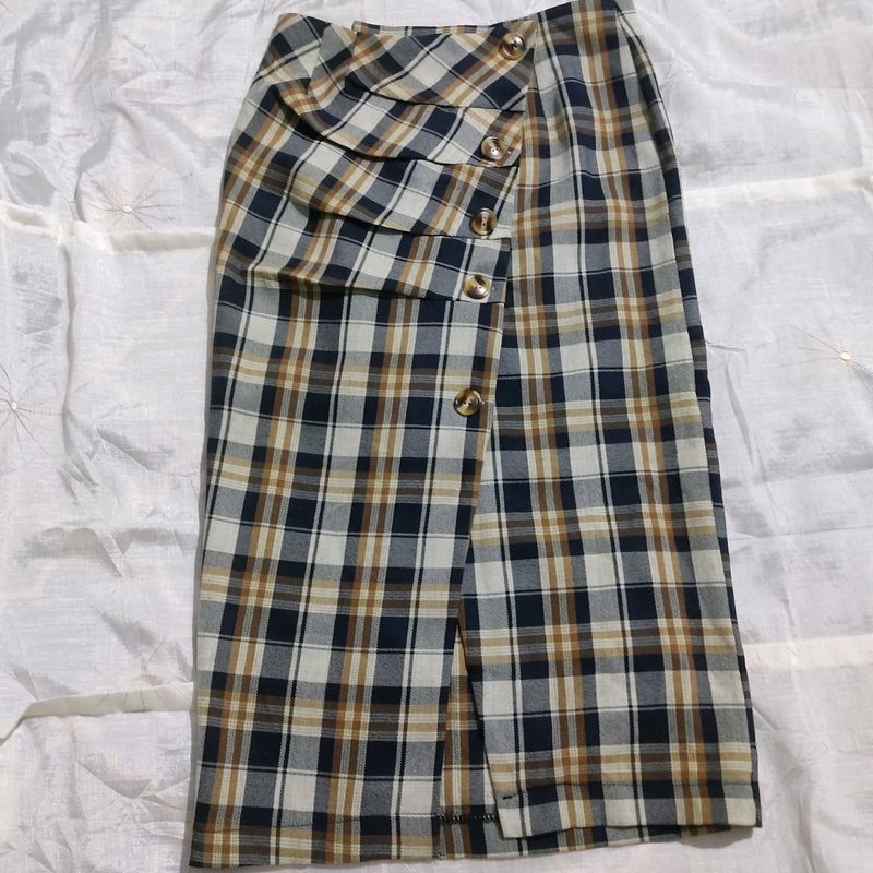 Plaid Midi Skirt with Button Detail