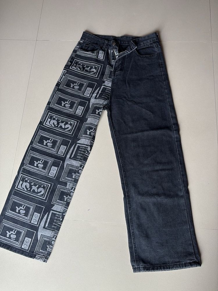 Two-Tone Graphic Print Jeans