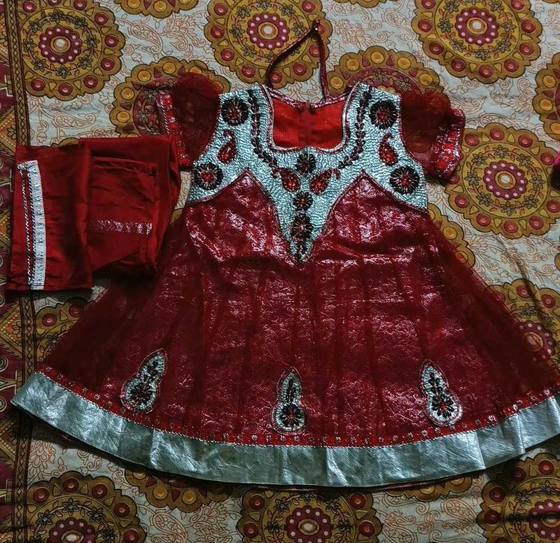 Maroon Colour Umbrella Cut Kurti Set For Girls