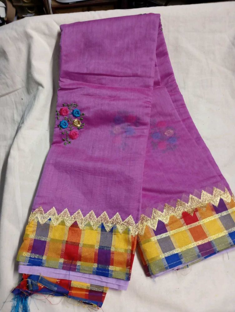 Lilac Cotton Saree with Embroidered Detail