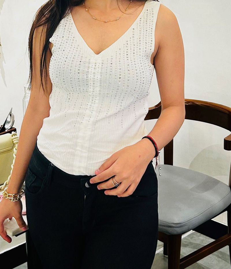 White Sleeveless Embellished Top