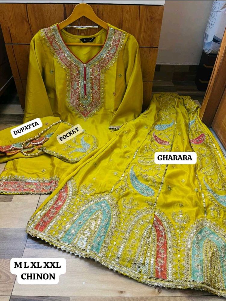 Elegant Yellow Embroidered Gharara Set