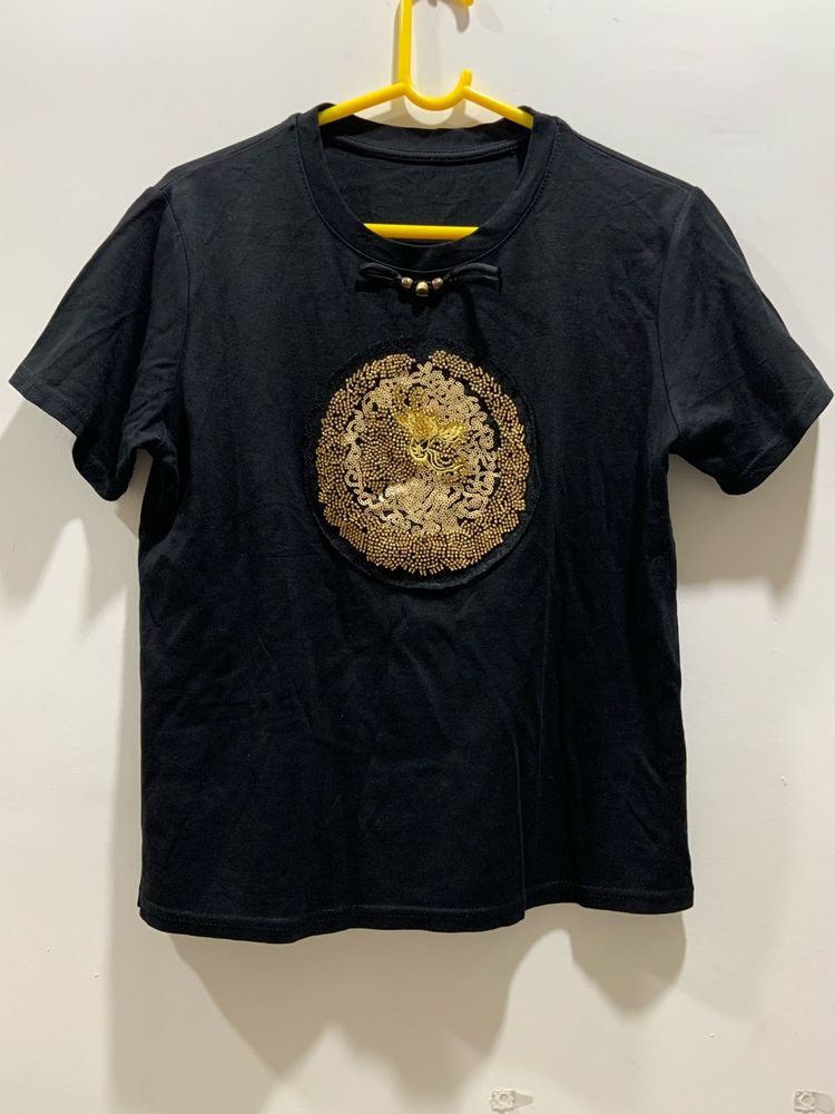 Designer Embroidered Black Pure Cotton Tee