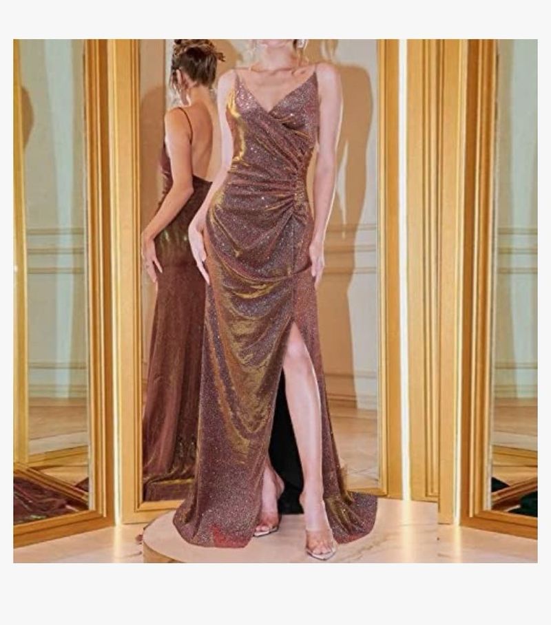 URBANIC Women&#39;s Ruched Sequin Gowns Sexy Spaghetti