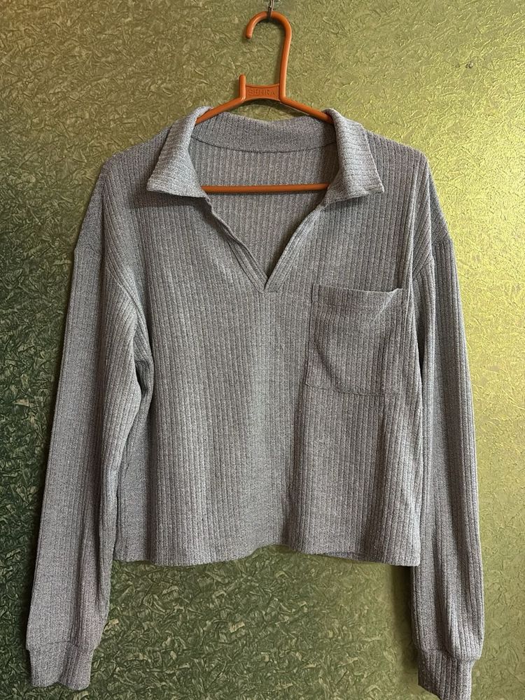Gray Ribbed Long Sleeve Top