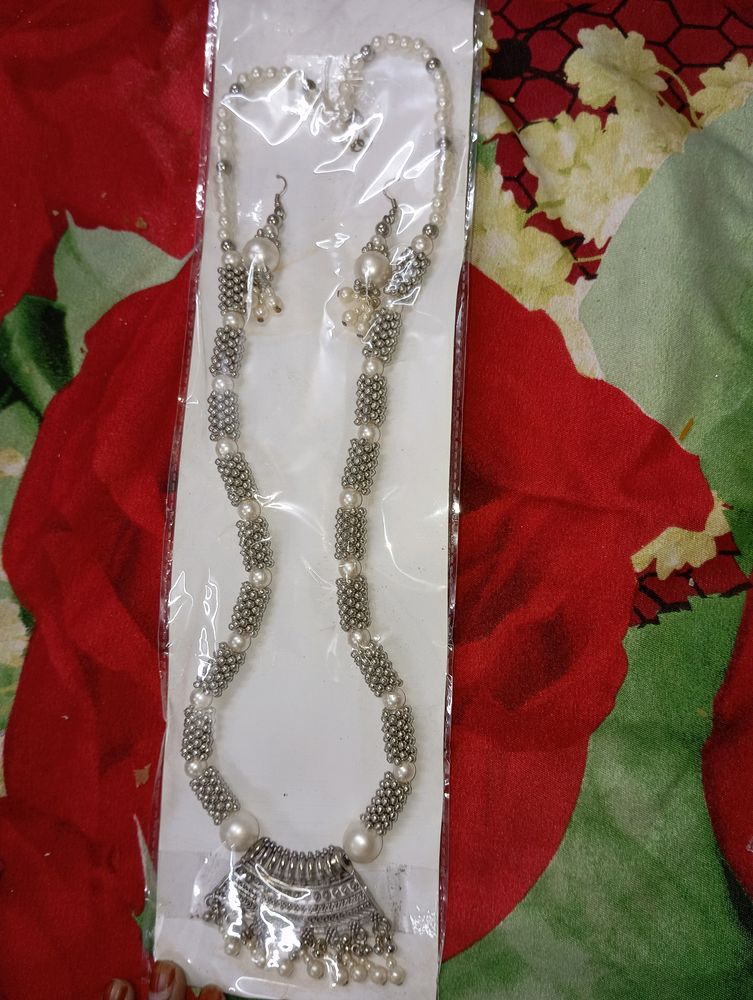 Long Oxidized Silver Necklace &amp; earings