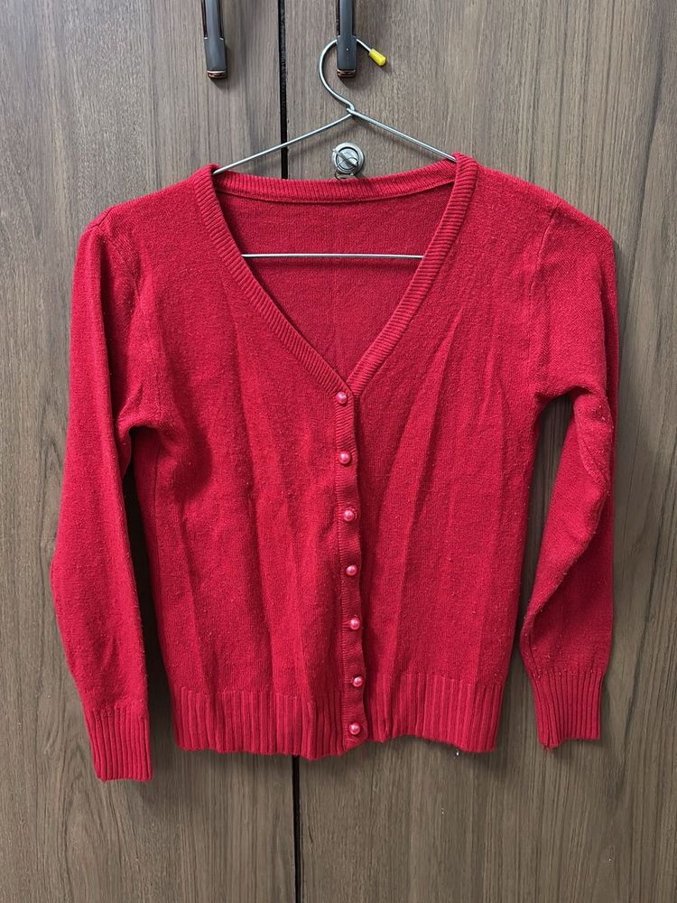 Red Button-Down Cardigan
