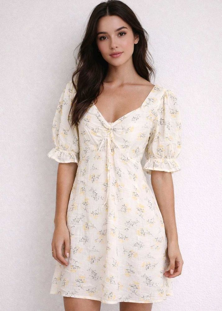 Cream Floral Puff-Sleeve Summer Dress