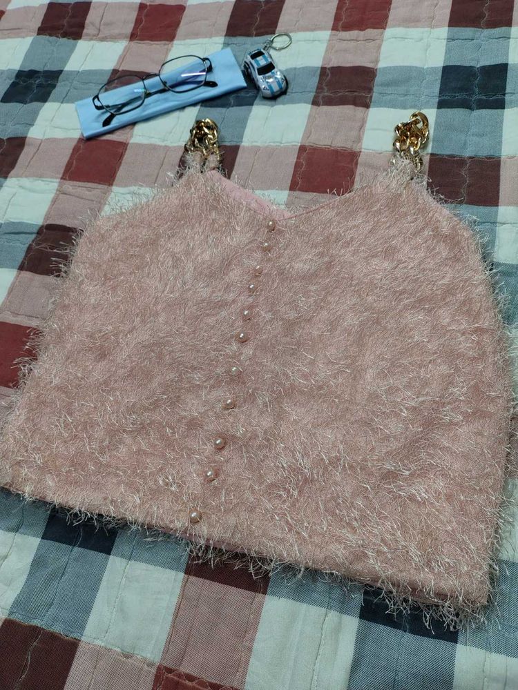 Pink Fuzzy Chain Strap Top