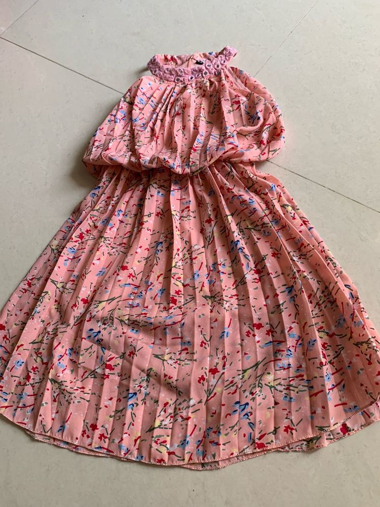 Pink Floral Pleated Dress