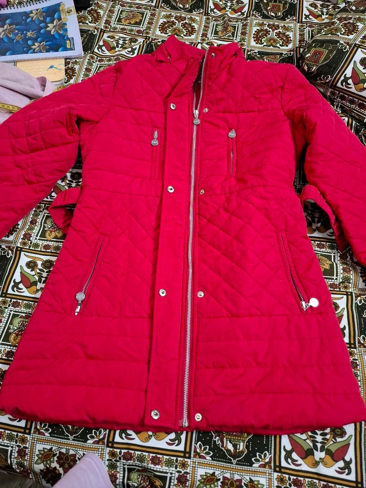 Red Quilted Belted Coat