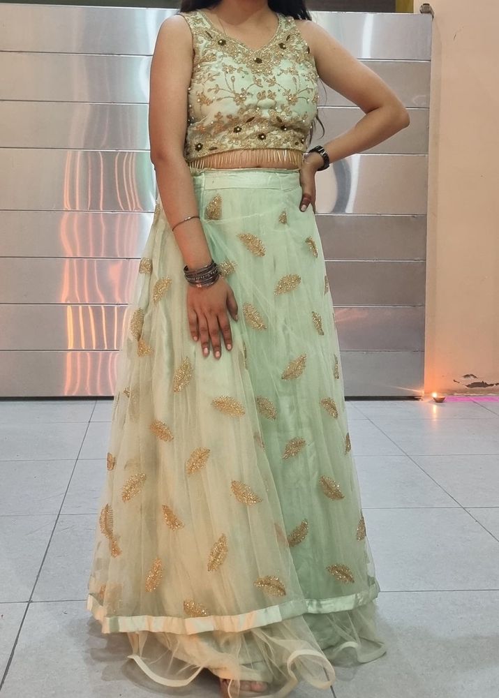 Festive Wear Trendy Gown With Top In Pastel Green