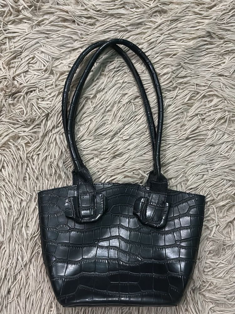 Black Croc Embossed Handbag
