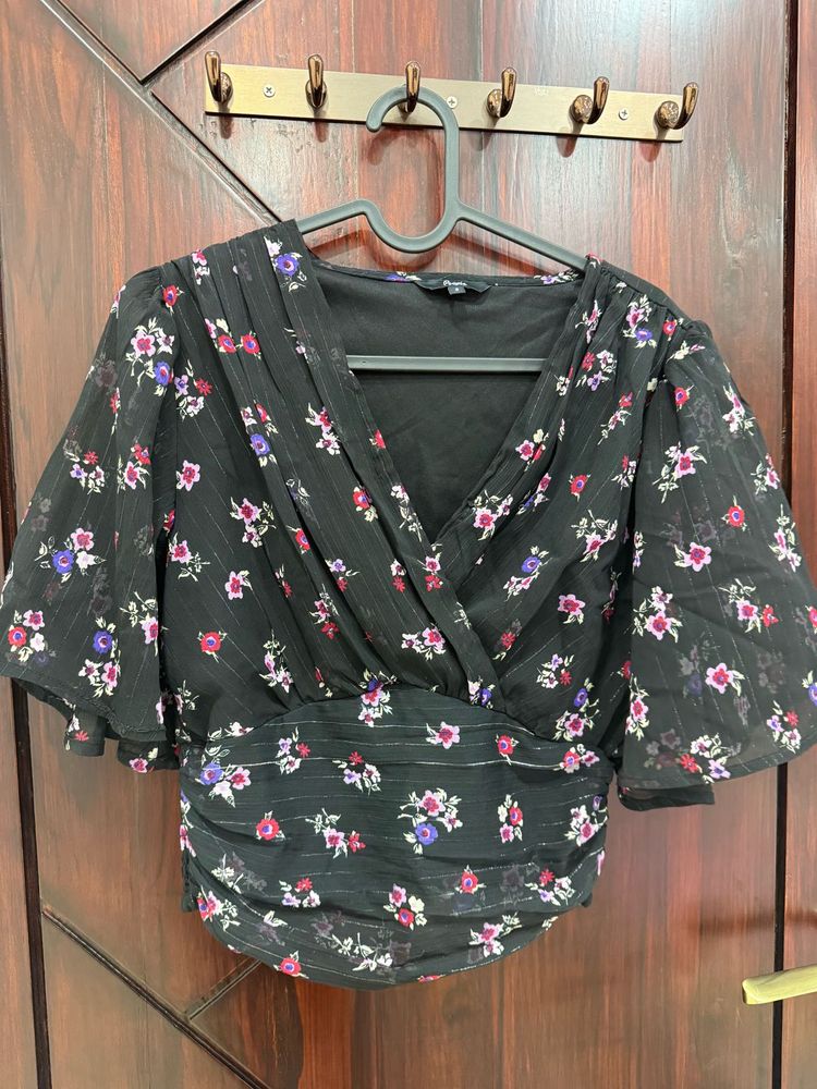 Black Floral Cinched Top